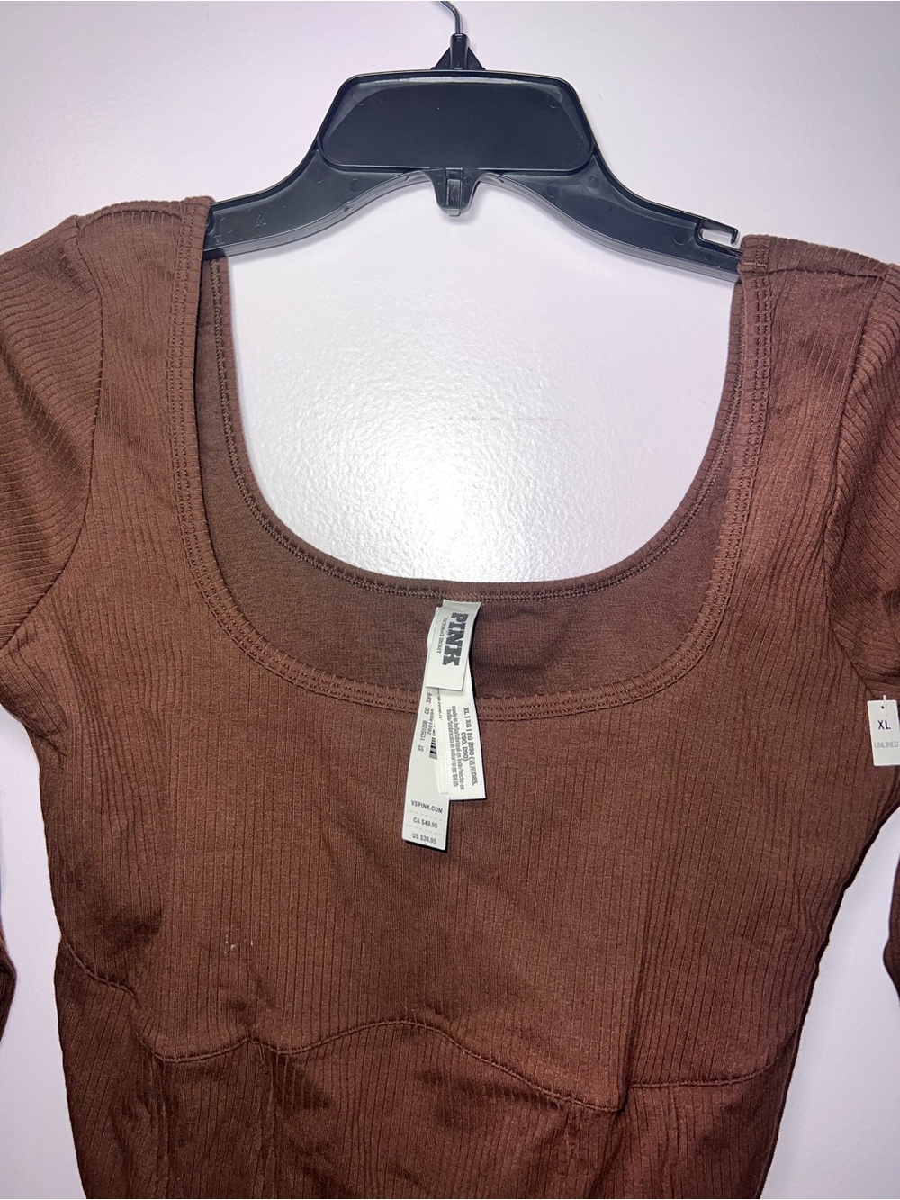PINK Womens Square Neck Ribbed Long Sleeve Top - Brown - Picture 2 of 6